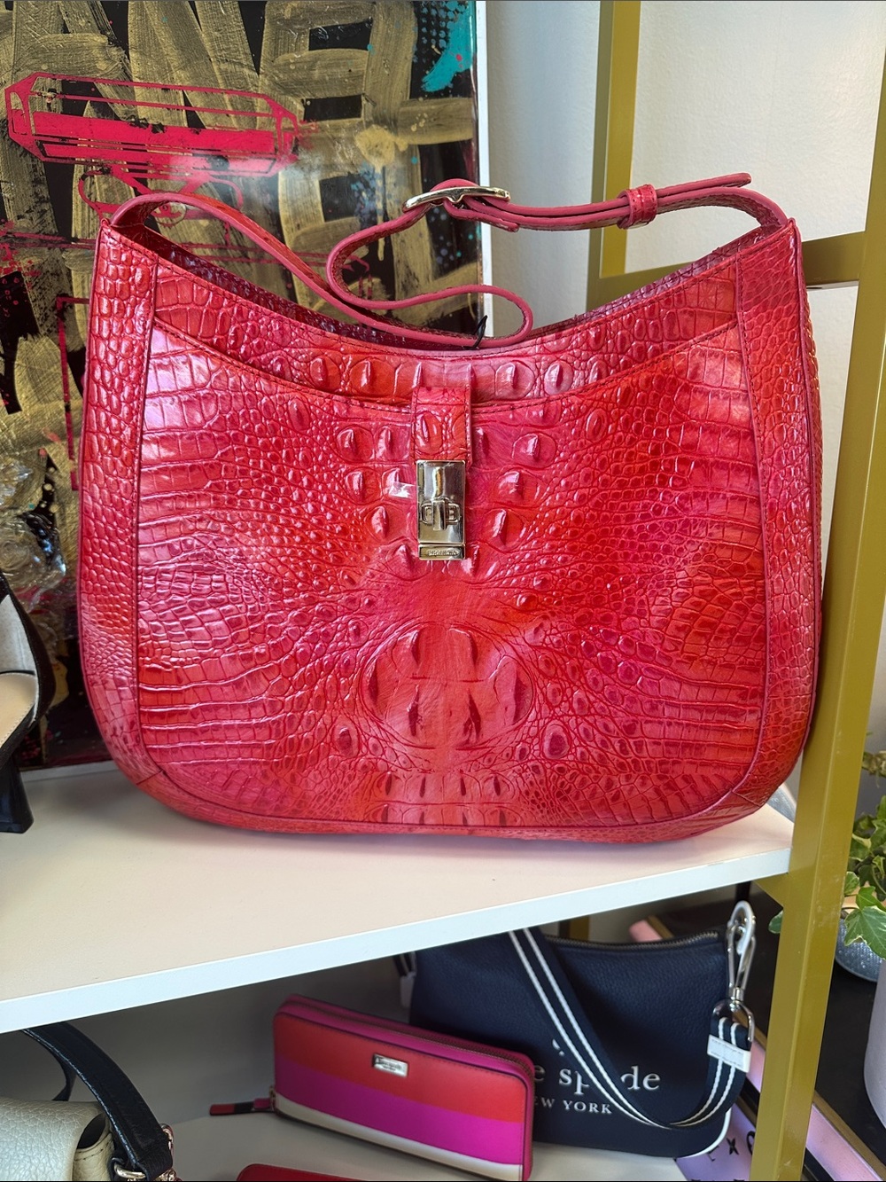 Brahmin Punchy Coral Melbourne Croc Embossed Leather Shoulder Bag - Women's